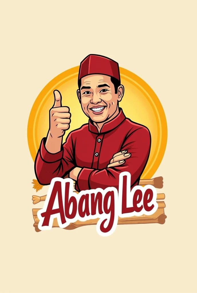 word "Abang Lee Roti Canai" for logo. industri. red white yellow font. like mcd logo. man age 50 muslim . Malay man face. tan skin. thumb up hand.
