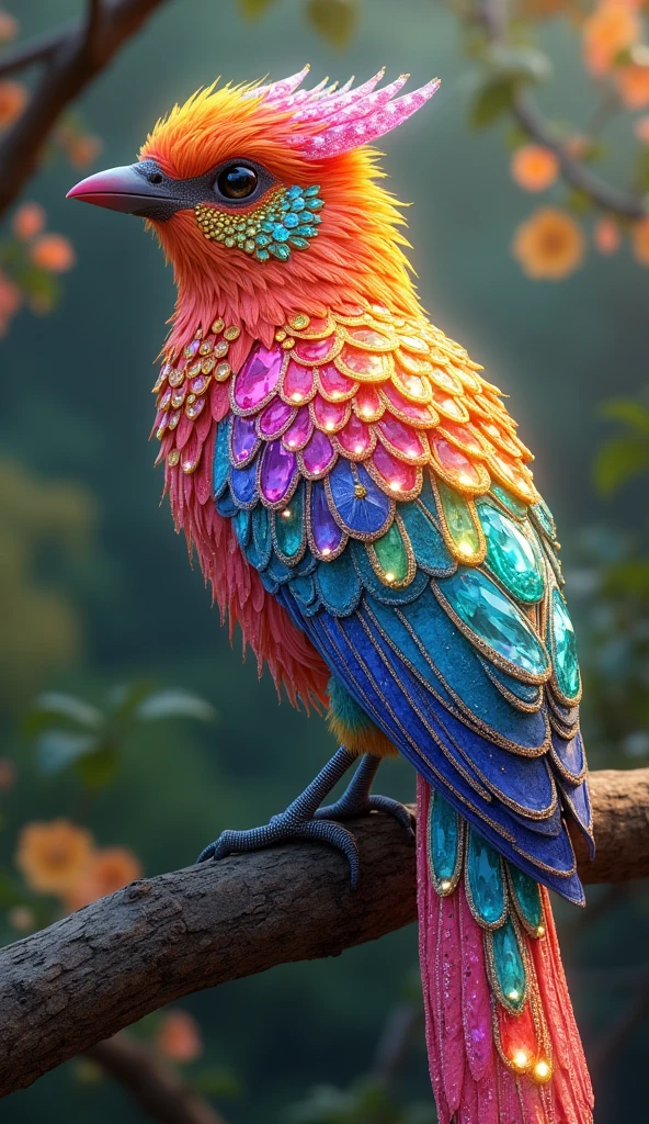 Forbes Diamond「2 Little bird on a tree in romantic mod 」teeth、The protagonist is portrayed naturally and realistically.。, Highly detailed and photorealistic, Render the background, Photorealistic concept art, Hyperreal Rendering, Red realistic 3D rendering, Bird Society, Photorealistic images, Highly detailed and photorealistic, Ultra-realistic detailed rendering, Realistic detailed images, Highly detailed rendering, High quality rendering,((A fictional bird with many colorful jewels on its body.))Fluorescent bird,His whole body is covered in colored gems,The tail is also covered with jewels,Wear jewels,The feathers are colorful
