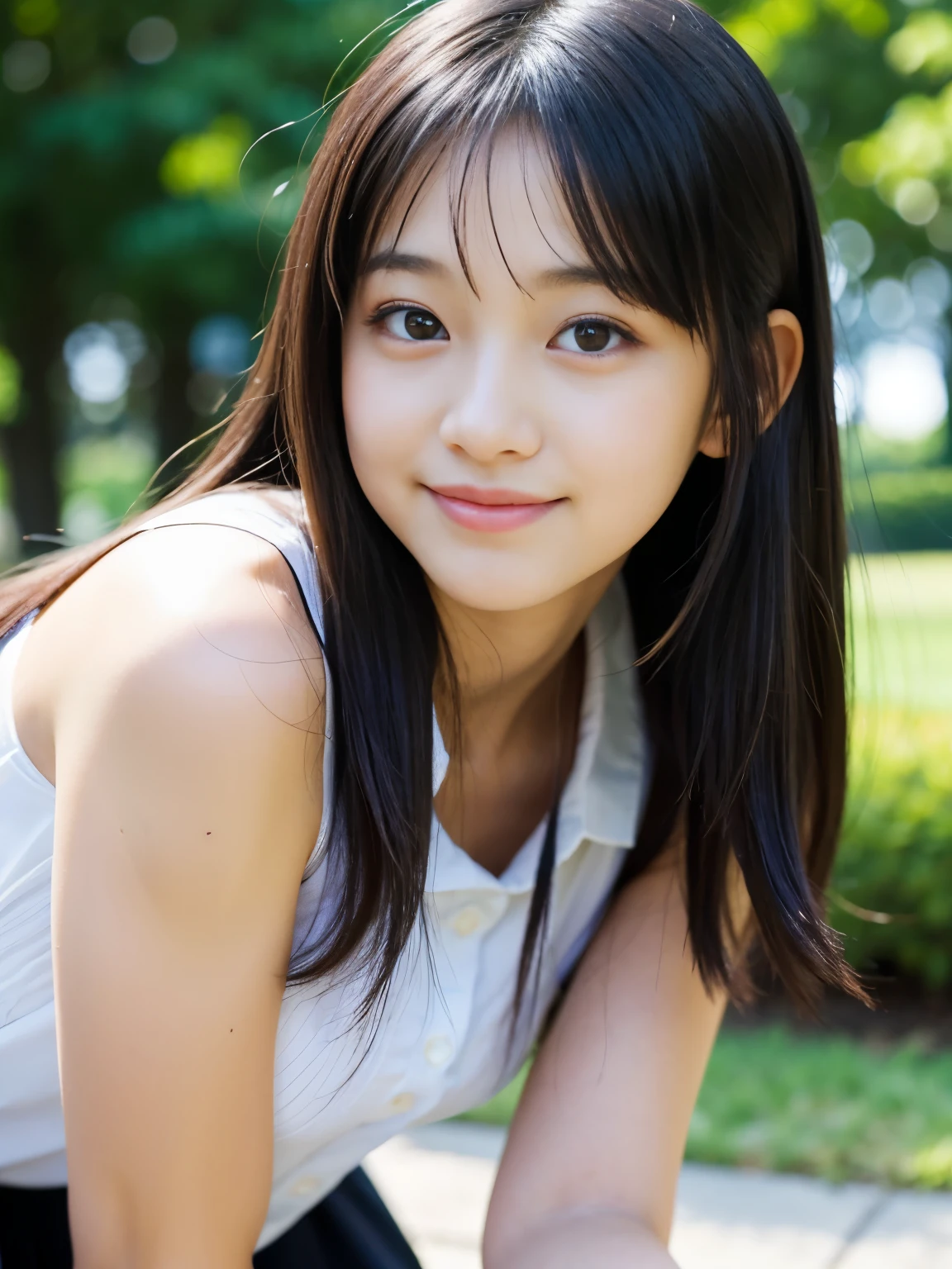(Best-quality, Masterpiece, Ultra-High-Resolution, (Photorealistic:1.4), Raw Photo, depth of field, professional lighting, perfect ???????, extremely details), 1girl, 12-years-old, the most famous Japanese-idol, having fun at park, looking at viewer, innocent-smile, (((extremely beautiful and extremely realistic skins))), (((extremely big black-eyes))), black-long-hair, long-eyelashes, most-lips, childish body