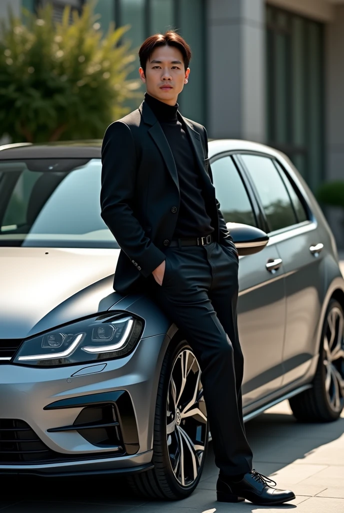 Han Lue leaning against a Golf Sportline