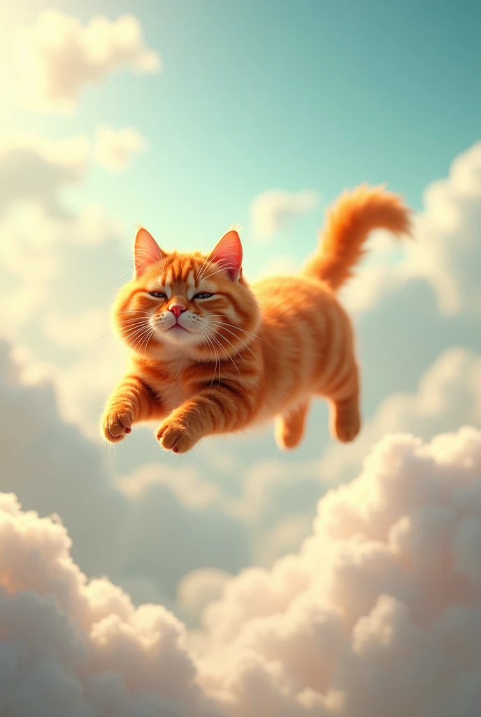 Create an image of an orange cat lying in the air