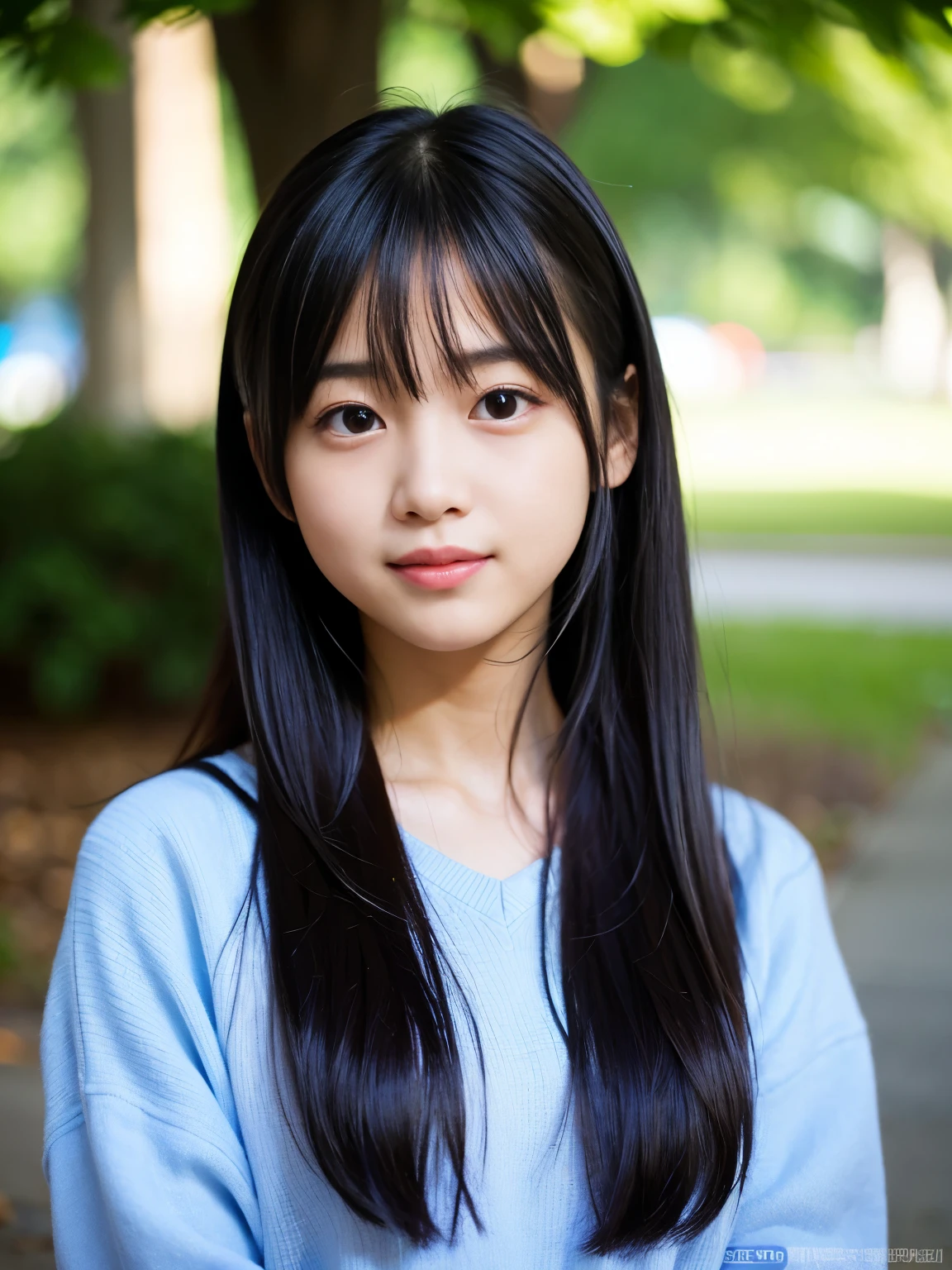 (Best-quality, Masterpiece, Ultra-High-Resolution, (Photorealistic:1.4), Raw Photo, depth of field, professional lighting, perfect anatomy, extremely details), 1girl, 12-years-old, the most famous Japanese-idol, having fun at park, looking at viewer, innocent-smile, (((extremely beautiful and extremely realistic skins))), (((extremely big black-eyes))), black-long-hair, long-eyelashes, most-lips, childish body