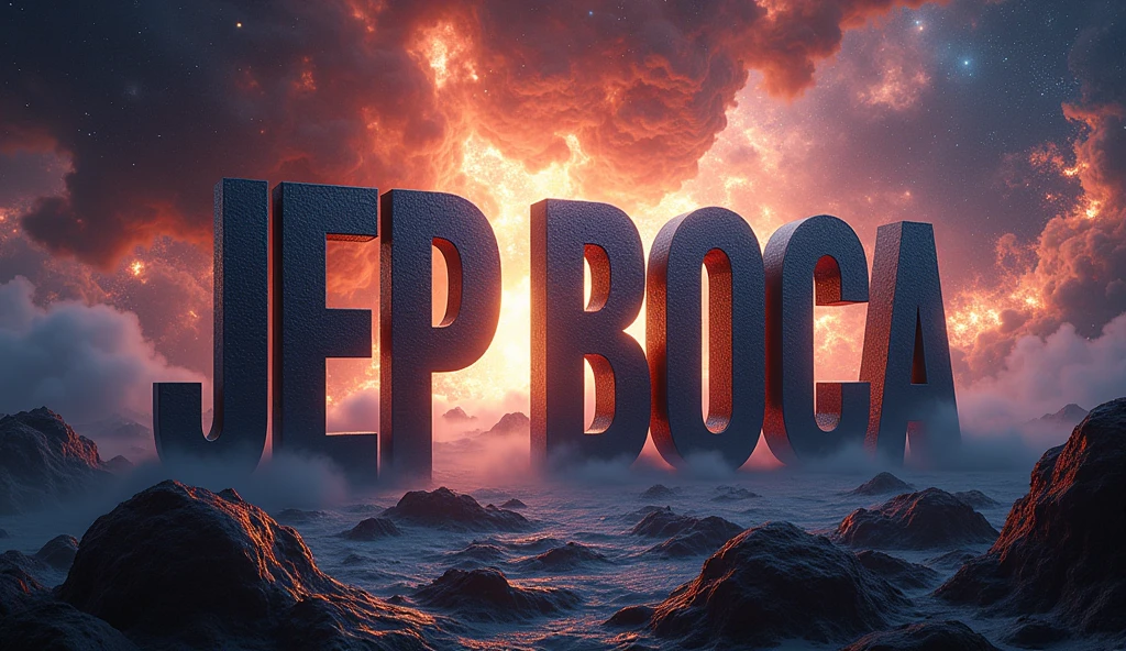 Poster with the word Jep Boca in 3D with a catastrophic universe background