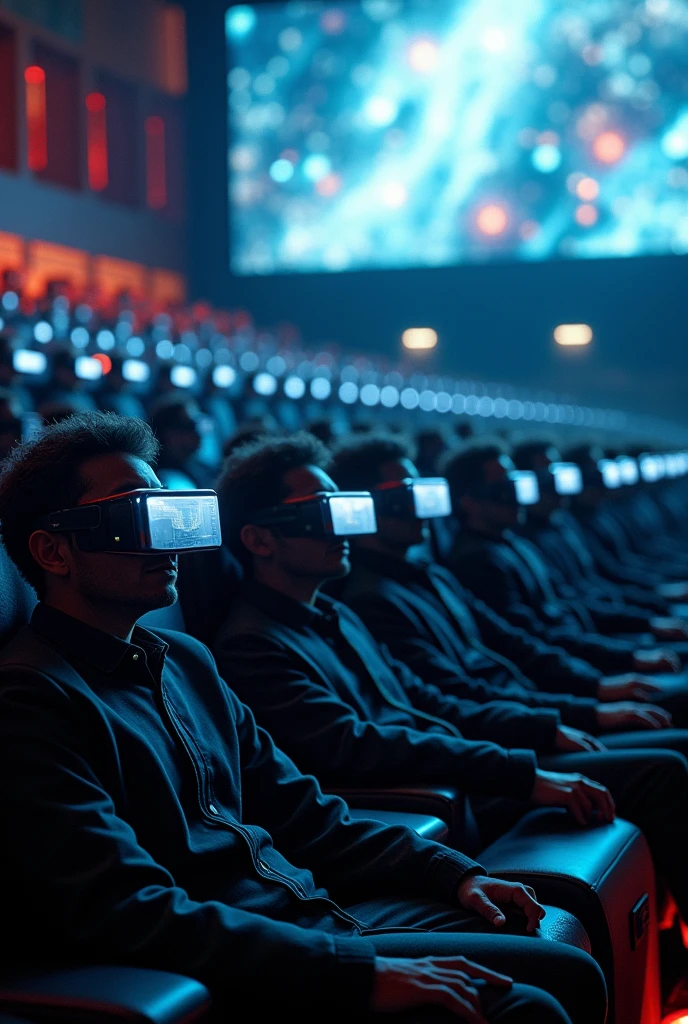 A cyberpunk-looking image of identical people wearing futuristic glasses, sitting in ultra-modern cinema seats watching a three-dimensional science fiction film