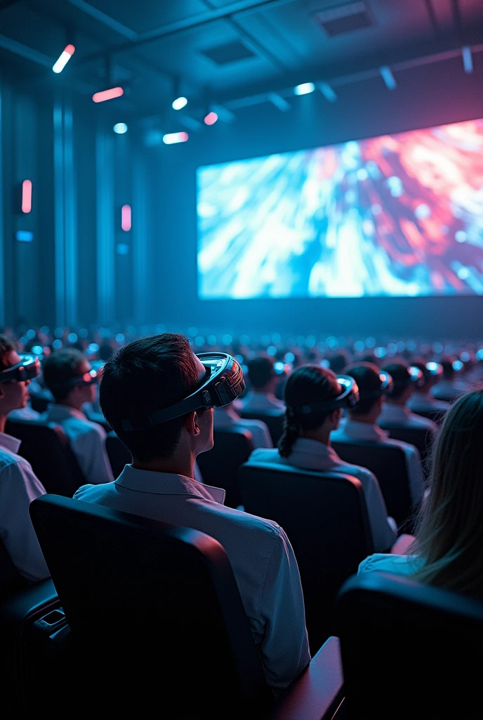 A cyberpunk-looking image of identical people wearing futuristic glasses, sitting in ultra-modern cinema seats watching a three-dimensional science fiction film