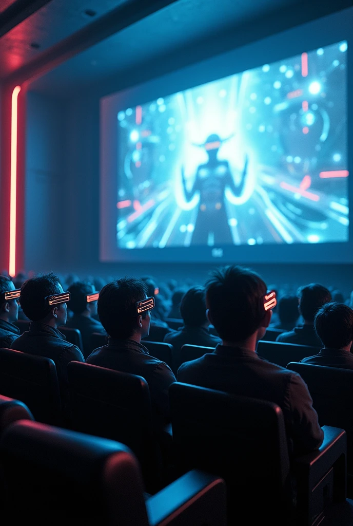 A cyberpunk-looking image of identical people wearing futuristic glasses, sitting in ultra-modern cinema seats watching a three-dimensional science fiction film