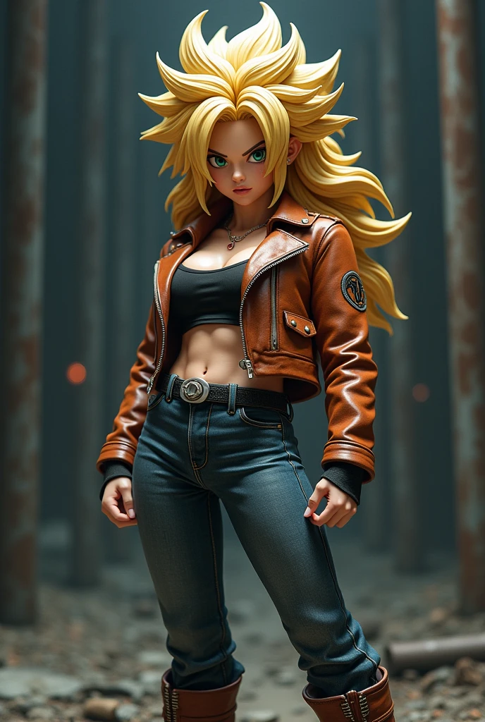 Image of a female version of Goku wearing the clothes of the T-800 from Terminator.