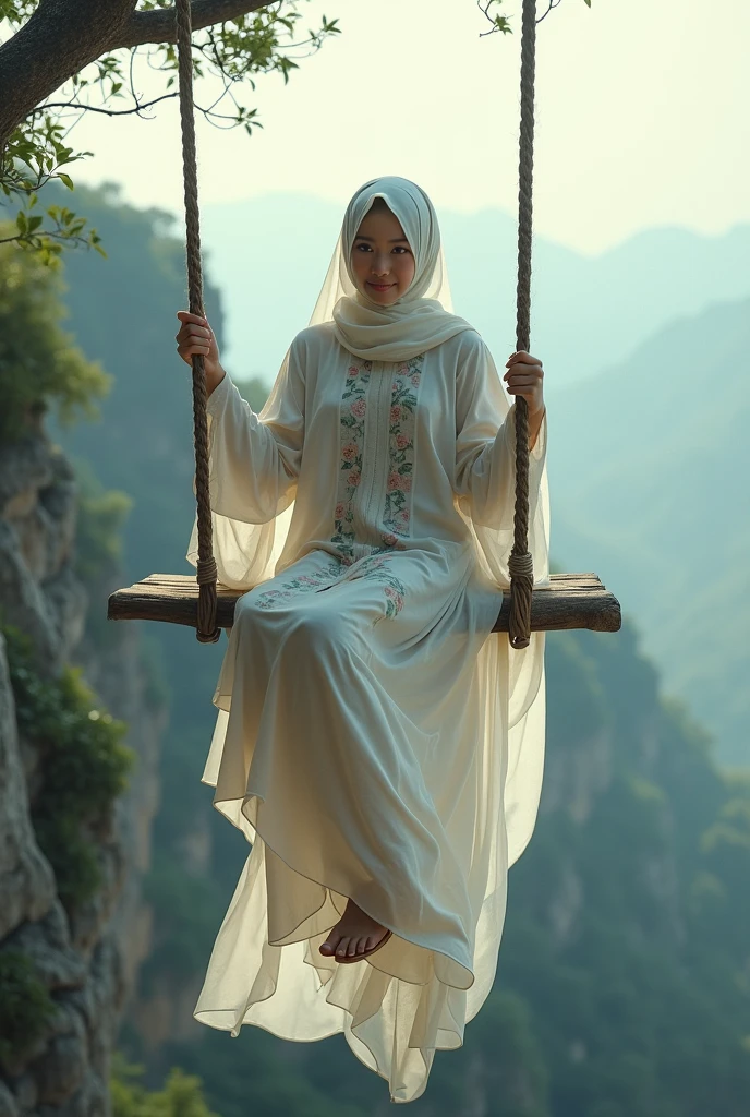 A asian woman with long hijab flowing wearing long floral dress calm, playing on a swing on the edge of a scary cliff, face Smilling looking at the camera