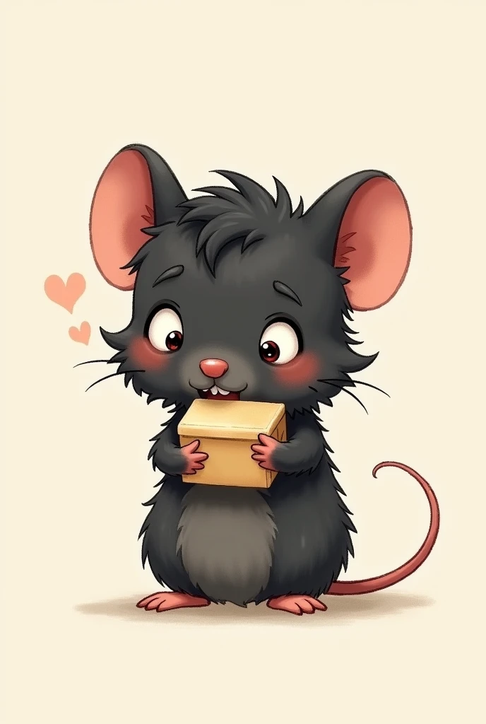 black mouse with curly hair, holding a lunch box, and embarrassed