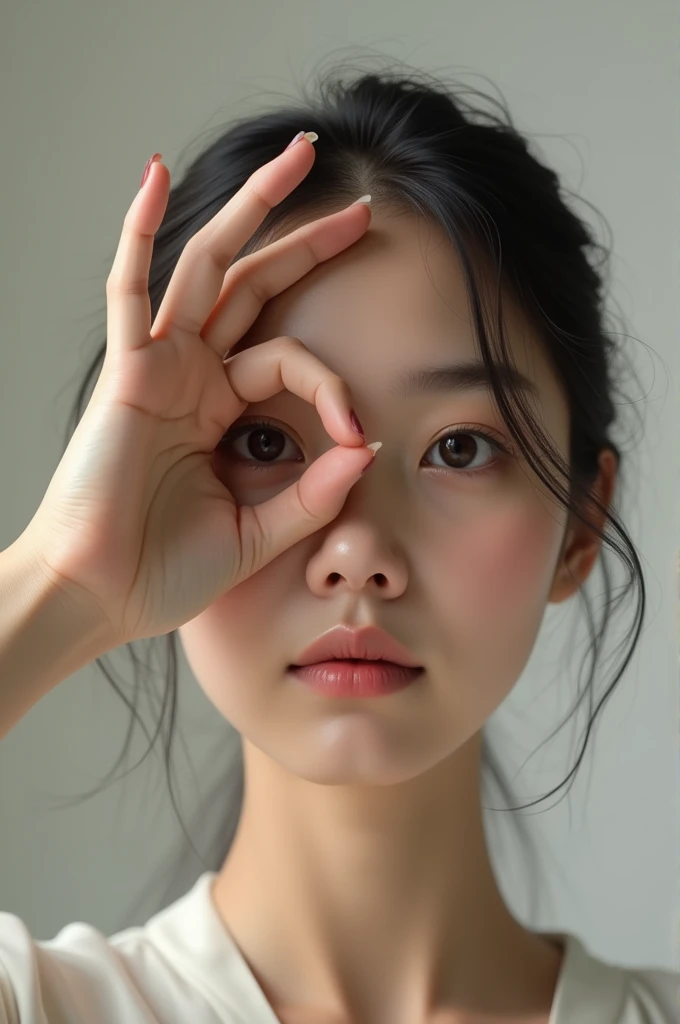 A hand making a zero around one eye on the face