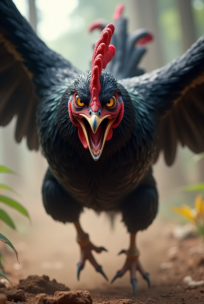 A fighting cock with jet black feathers, intense eyes and sharp beak, lunges forward in a ferocious attack. His muscles are tense and his wings are spread out., creating a sense of movement and power.
Try a little further away and with perspective where I can perceive it flying