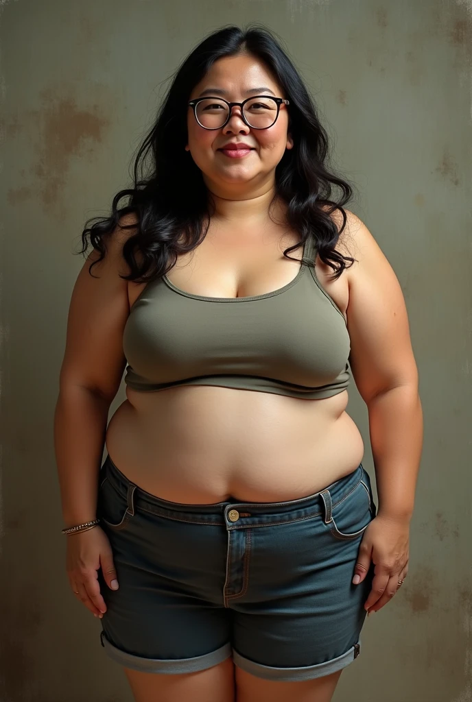 
indigenous woman, brunette skin, aged 50, long black hair, round glasses, chubby, chubby, Round face, short, usando bermuda.