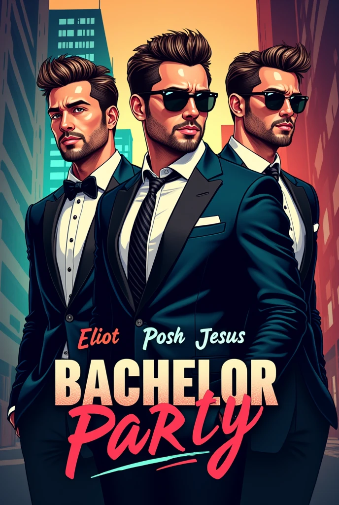 bachelor party logo, with three cool men and their names eliot, posh jesus