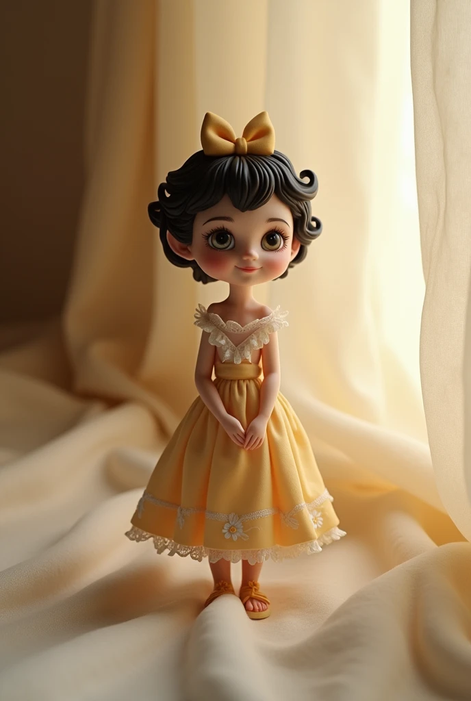 Little doll of a Brazilian woman with short curly hair, curtain, wearing a beautiful bow