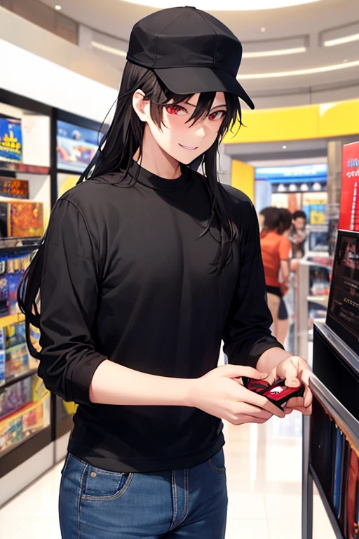 1 male, teenage boy, man body, man face, black long hair, cap, black shirt, blue jeans, red eyes, happy face, mall, game store