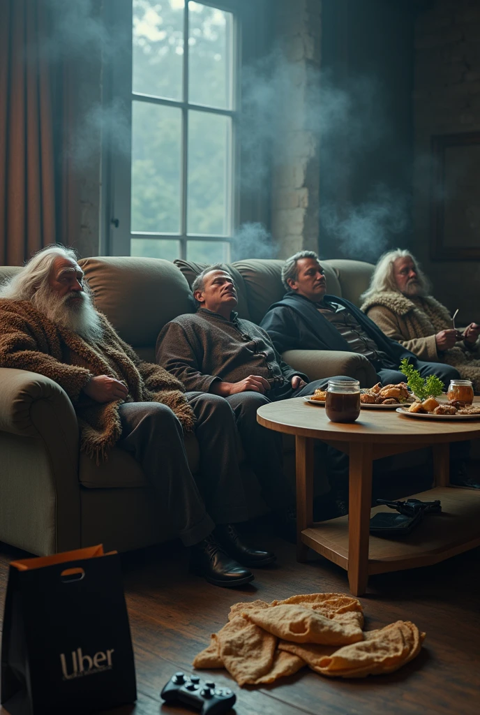 une photo des personnages du seigneur des anneaux Gandalf Sauron peregrin gimli ensemble dans un salon entrain de dormir allongés chacun sur un canapé les yeux fermés en regardant le film du seigneur des anneaux sur une télévision. Pas loin d’eux Sur une table un cendrier avec une cigarette allumer et la pièce remplie de fumée sur la table des restes de crêpes et de chocolat à tartiner avec des manettes poser sur la table également. Par terre un sac d’une commande Uber