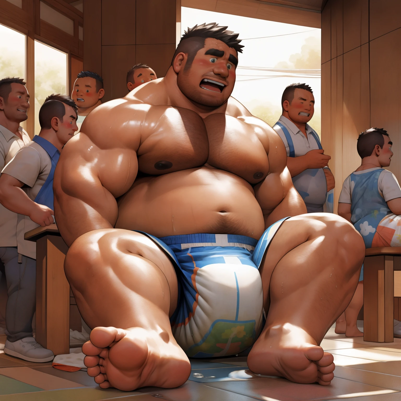 masterpiece, Top quality, in 32K, perfect anatomy, hyper detailed, super fine illustration, The thick man is a brutal retarded prisoner, hairy human, 50yo in Japan, (fatness: 1.0), Fatty muscle, Bowleg, disappointment, incontinent, shy, sissy, Weaker than children, Drool, Round face, be diaper check by children, waddle, There is a small puddle under him, incontinent, Bowleg, spread legs, wear a White cloth Diaper, Bare belly, Bare legs, Bare foots, Bare soles, Shirtless, wide forehead and short thinning hair, Man with round face with stubble, Bare foots, Bare soles, He enters nursery school and is despised by children, He surrounded by children, His bottom is wet, Bare foots, big butt, he is scolded by the children, White Diaper, He surrounded by children, sobbing, wear a White cloth Diaper, shirtless, There is a small puddle under him, big butt, sobbing, He is forced to stand in front of children, side view