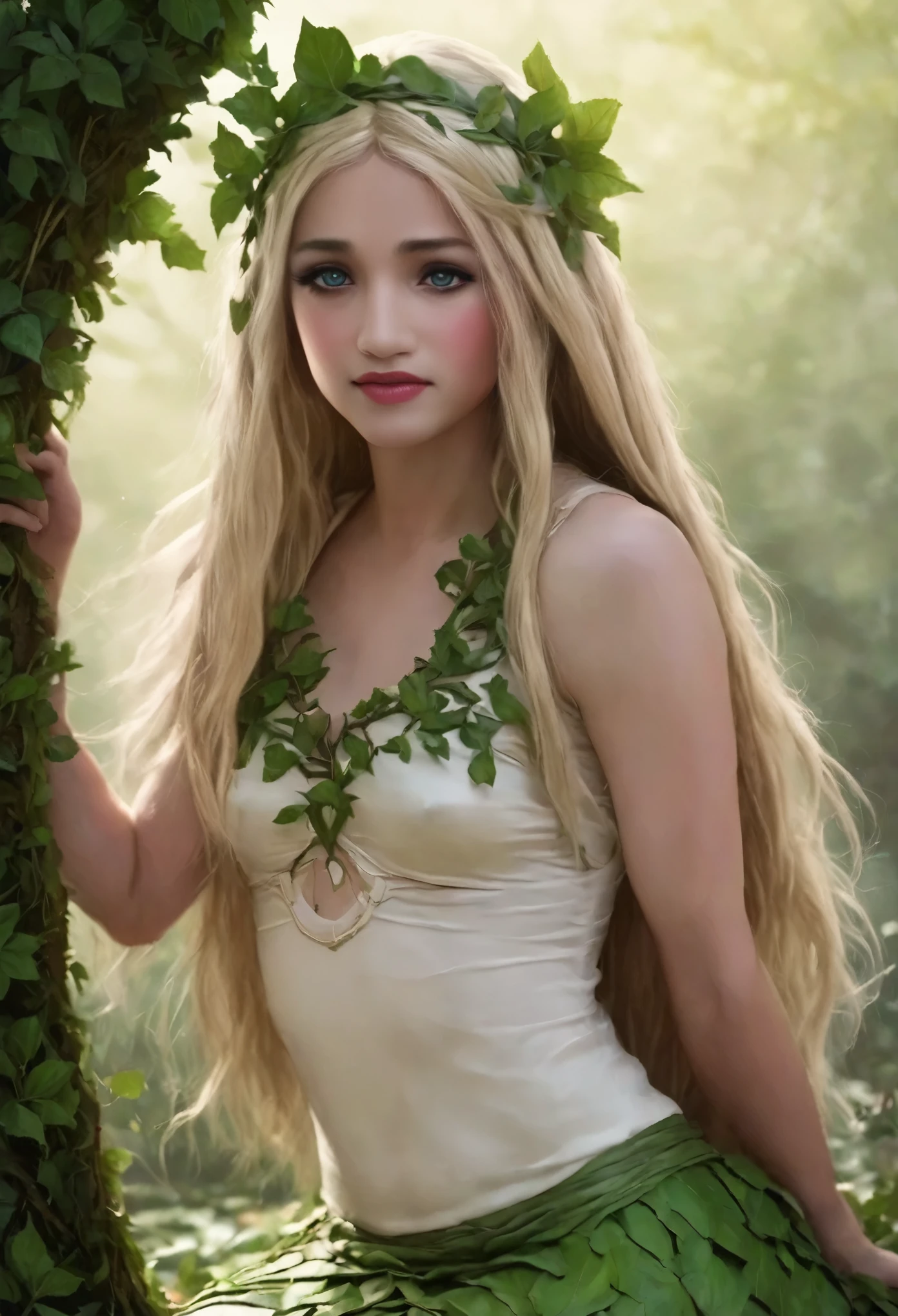 ((best quality)), ((masterpiece)), (detailed), 1girl, dryad emerging from her tree, dressed in clothing made only from leaves and vines, blonde hair