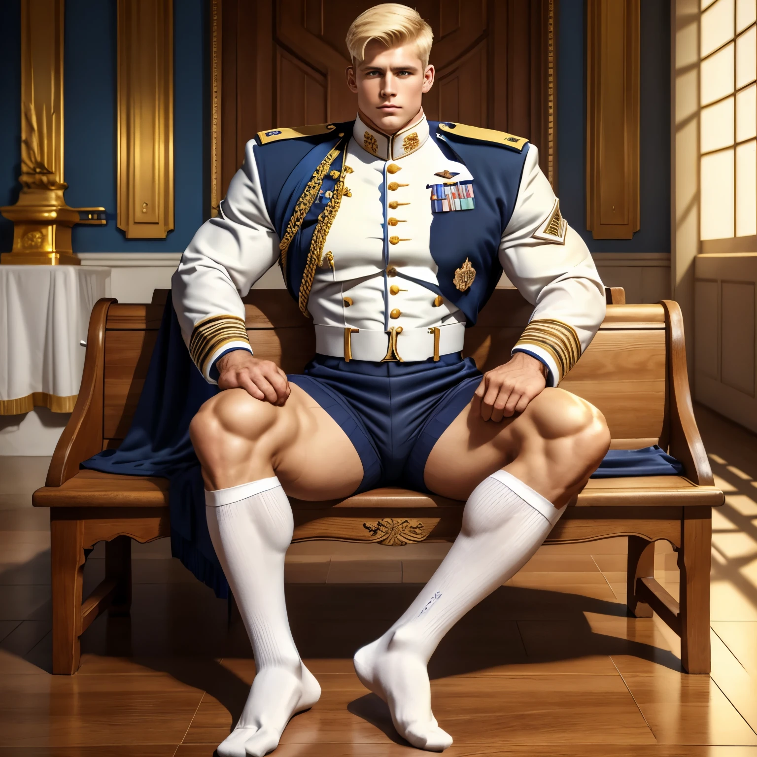 full view full body, one elite military school white blonde guy with military haircut, in navy-blue and gold leather uniform, navy-blue and gold leather shorts, long high white socks, no shoes, ancient gold signet ring, slim muscle, sitting in his long white socks on wooden bench in royal stables , his white long high socks must be seen, HQ photo