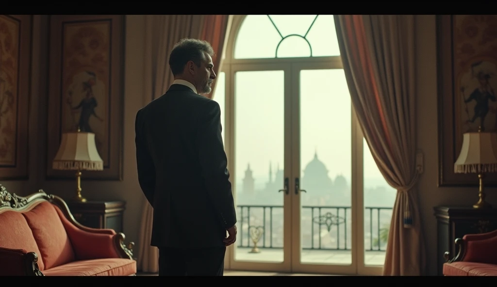  A somber old photograph of the Shah of Iran in his final moments before leaving the country. The Shah, dressed in an immaculate suit, stands alone by a large window in the palace, looking out over the city. His face reflects sorrow and contemplation. The luxurious room contrasts with the cold, empty atmosphere, and the photograph’s grainy quality adds to the sense of isolation and the historic nature of the moment.