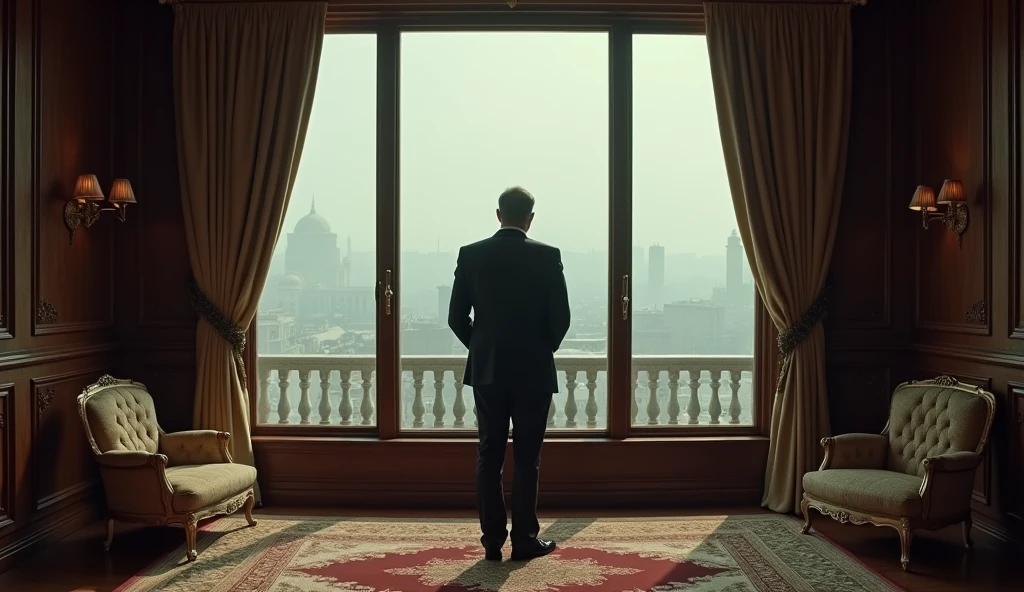 A somber old photograph of the Shah of Iran in his final moments before leaving the country. The Shah, dressed in an immaculate suit, stands alone by a large window in the palace, looking out over the city. His face reflects sorrow and contemplation. The luxurious room contrasts with the cold, empty atmosphere, and the photograph’s grainy quality adds to the sense of isolation and the historic nature of the moment.