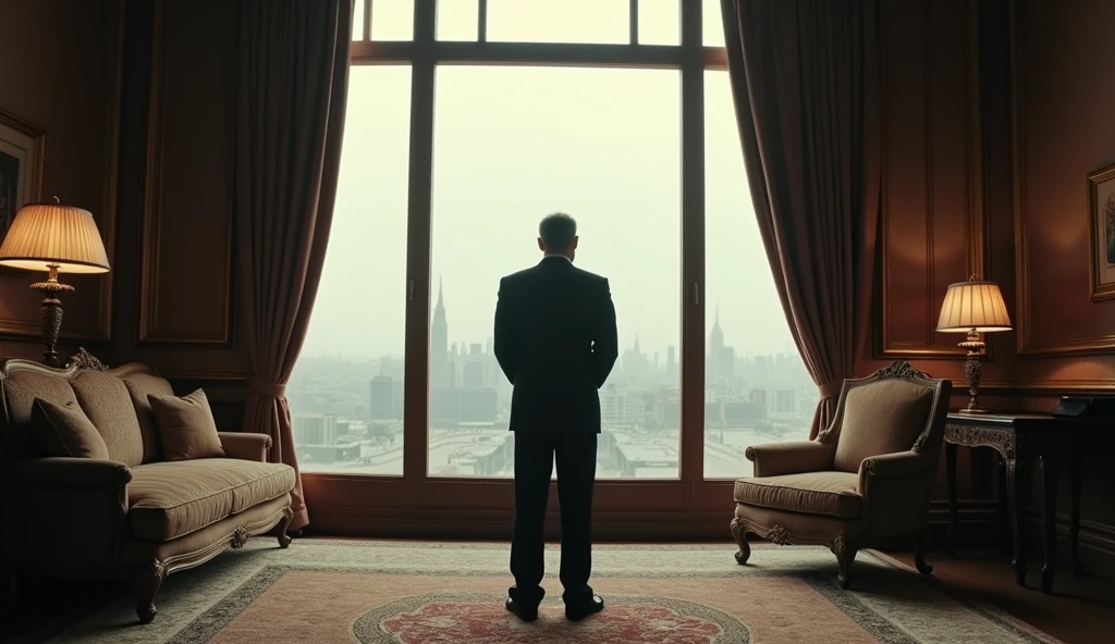 A somber old photograph of the Shah of Iran in his final moments before leaving the country. The Shah, dressed in an immaculate suit, stands alone by a large window in the palace, looking out over the city. His face reflects sorrow and contemplation. The luxurious room contrasts with the cold, empty atmosphere, and the photograph’s grainy quality adds to the sense of isolation and the historic nature of the moment.