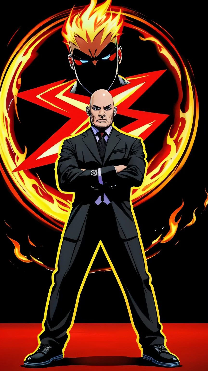 Full body, bald man, 30yo, black suit, red shoes, digital art,  vibrant colors, judge, flaming red eyes, X in background, high quality, high definition, cartoon style, caricature