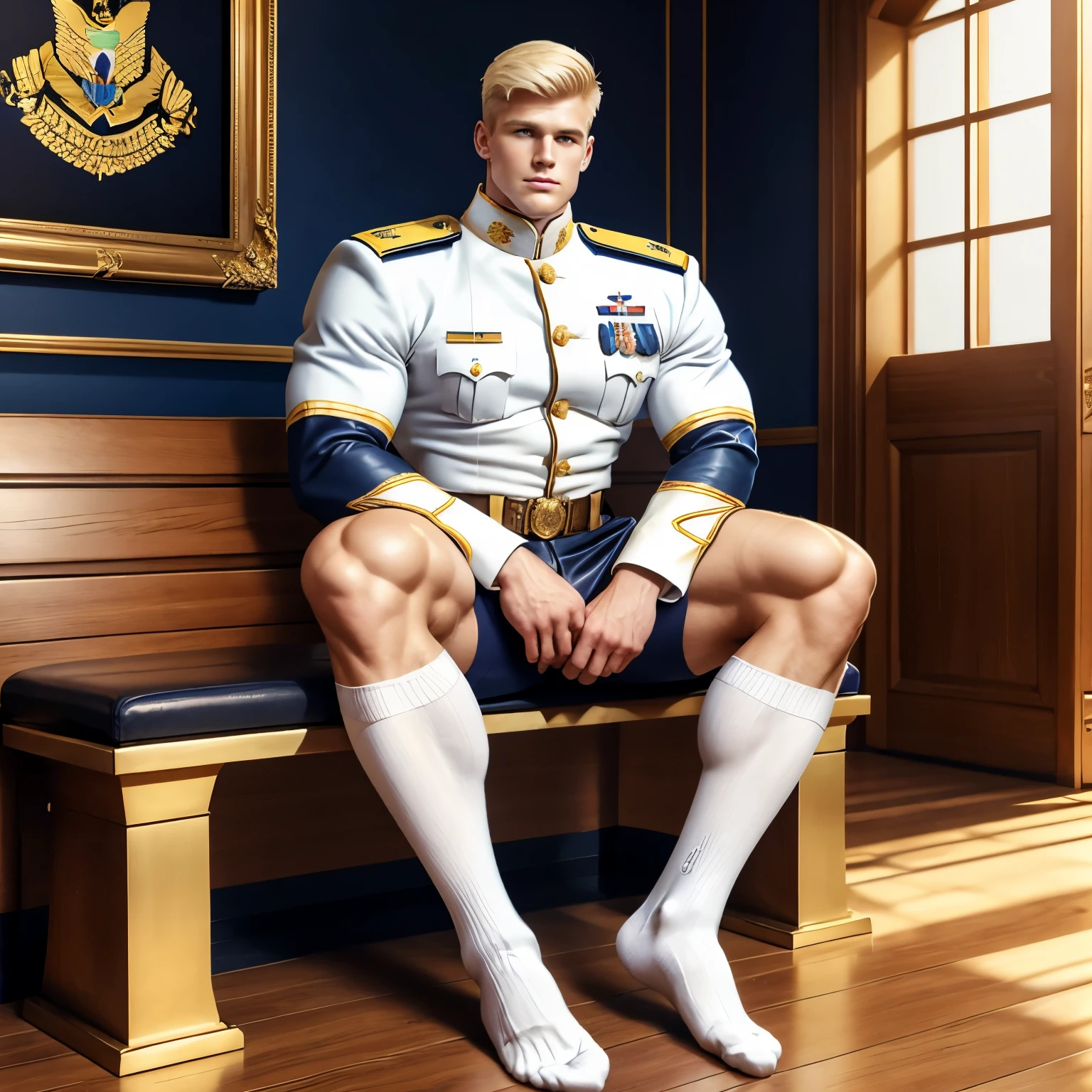 full view full body, one elite military school white blonde guy with military haircut, in navy-blue and gold leather uniform, navy-blue and gold leather shorts, long high white socks, no shoes, ancient gold signet ring, slim muscle, sitting in his long white socks on wooden bench in royal stables , his white long high socks must be seen,  HQ photo