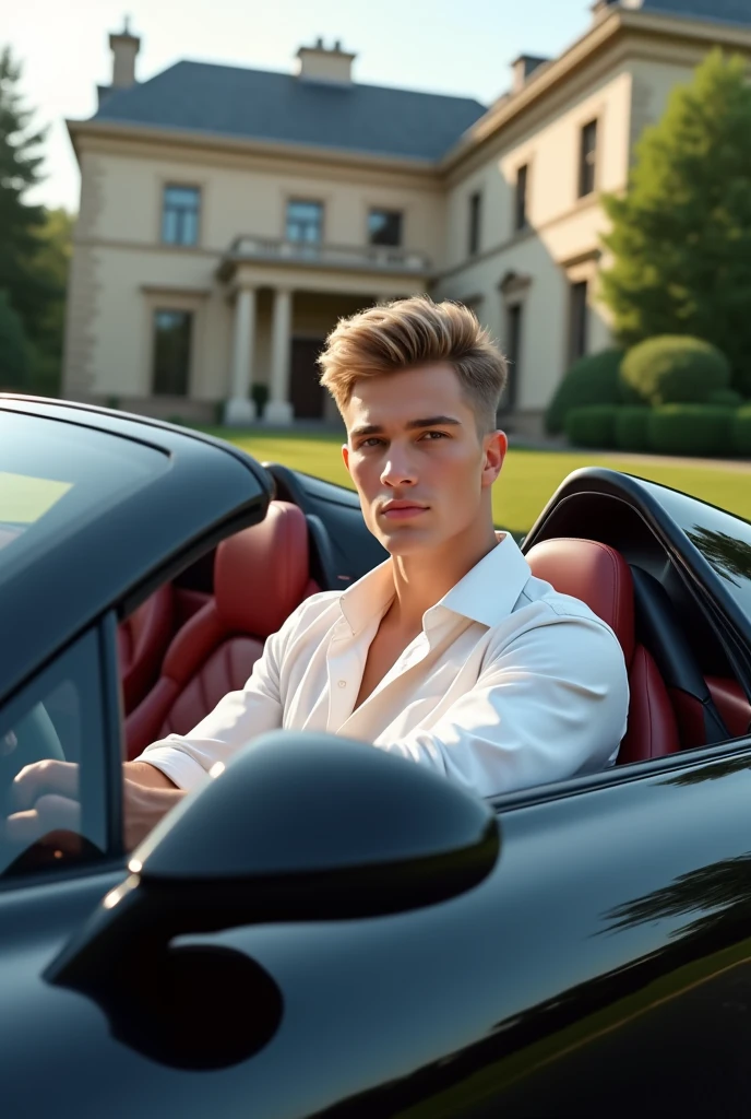 create a picture of a beatifull man of 2 with a fair soft white skin with circle face and puff of hair style wear a white shirt and sitting on bonnnet seat of black buggati and car infront of luxury house
