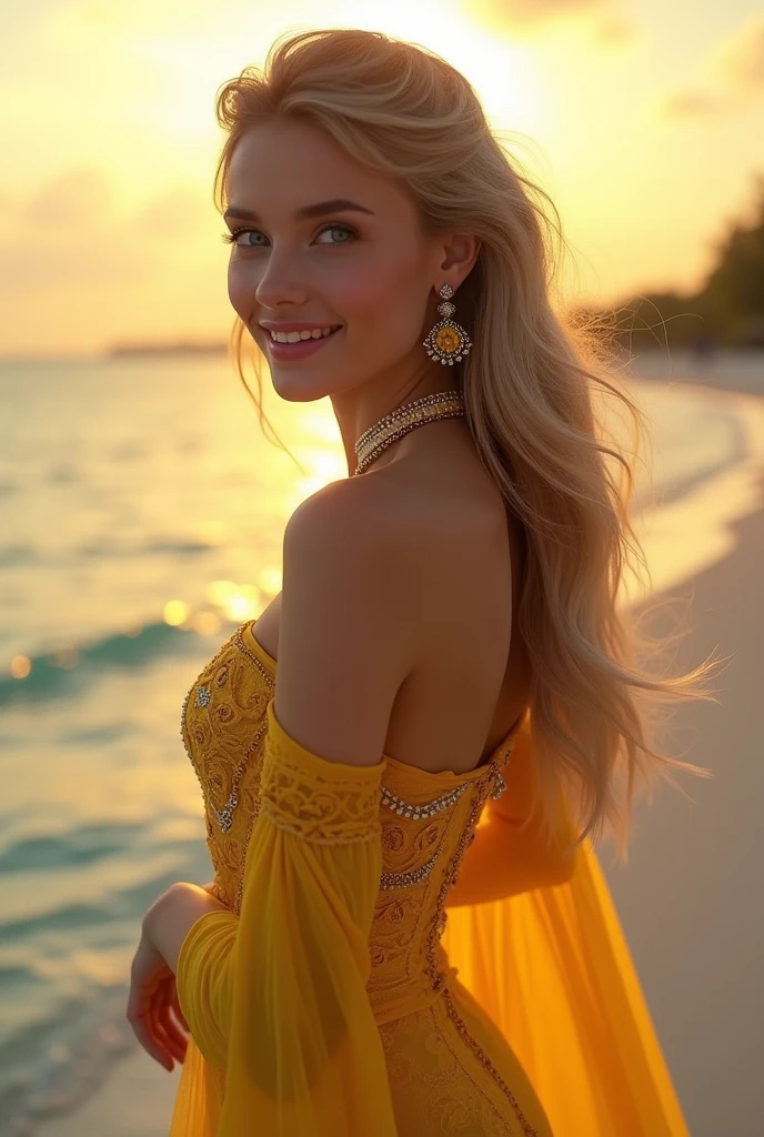 8k，best quality，masterpiece，Ultra-high resolution，A girl，Pure Desire，Sexy，without dress()，Popular in cgstation，Depth of Field，Film Lighting，HD Close-up, camera from the top side, happy, intricate glance, innocent, smiling, stunning face, glassess, on the beach, shiny armani bikini, happy, smiling, sexy, intricate, bikini back, ((best quality)), ((masterpiece)), (detailed), blond long curly hair, perfect face, , happy, beautiful body, sexy pose, Armani dress, earrings, redmasterpiece:1.3), (photorealistic:1.37), (A fashion model, innocent, happy, 18-years-old),(super elaborate, extravagant skin-tight evening wear), with a perfect body, super fine face and eyes, (light makeup, [[pink lipstick]], eyeliner), ((view the viewer)), (full breasts:1.3), The attention to detail, Double eyelids,choker, Wear an off-the-shoulder top, full bodyesbian, extremely detailed)), ((blue eyes)), dark goth makeup,16K, UHD, Extremely detailed, , looking at camera, happy smile, posing provocative, cameltoe, sitting with legs spread, longing gazing sexy facial expression, bright eyes, worshipping, manspreading, panties visible, one happy, young, smiling, 1 ultra hot gorgeous woman, age 16, blonde wavy hair. she's a playmate, men magazine model. She has a subtle smile and flirts with the camera, (she's dressed like a 40's explorer), (she wears a long loose armani yellow bikini:1.2), (she wears belts and 40's leather cartridge belt), Maldives, sunset light, perfect eyes, perfect hands, perfect body, perfect hair, perfect breast, UHD, retina, masterpiece, accurate, anatomically correct, textured skin, super detail, high details, high quality, award winning, best quality, highres, 16k, 8k