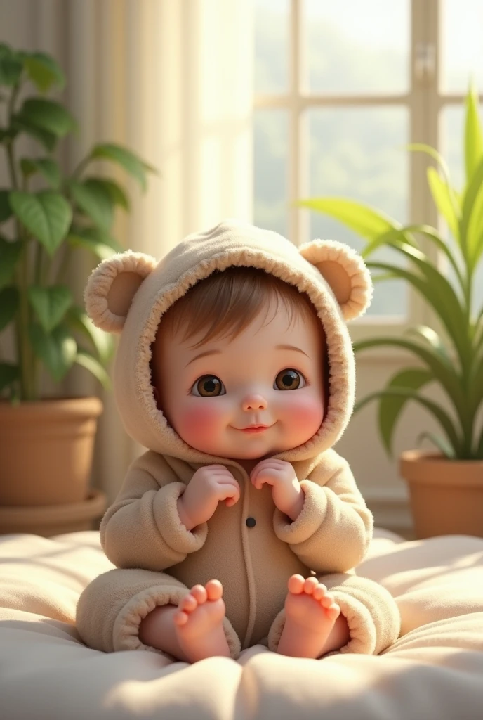 beautiful baby, sitting on bed, wearing bear outfit , indoors, soft lighting, plants in background, window with s, realistic, intricate details, warm colors