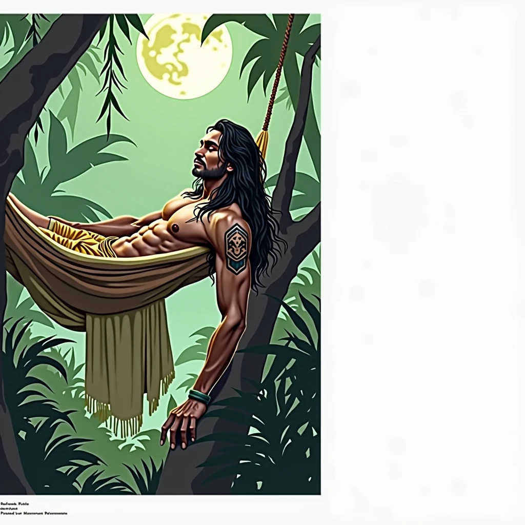 INDIAN MALE OF THE TRIBE, of long hair, muscular, WITH TYPICAL TATTOOS, SLEEPING IN HIS HAMMOCK ON THE STARRY NIGHT OF THE FULL MOON, SURROUNDED BY LARGE LEAFED PLANTS OF THE MISSIONARY JUNGLE