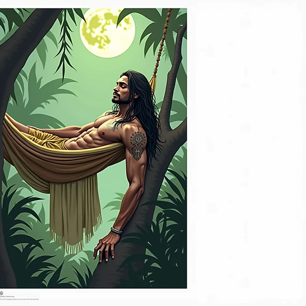 INDIAN MALE OF THE TRIBE, of long hair, muscular, WITH TYPICAL TATTOOS, SLEEPING IN HIS HAMMOCK ON THE STARRY NIGHT OF THE FULL MOON, SURROUNDED BY LARGE LEAFED PLANTS OF THE MISSIONARY JUNGLE