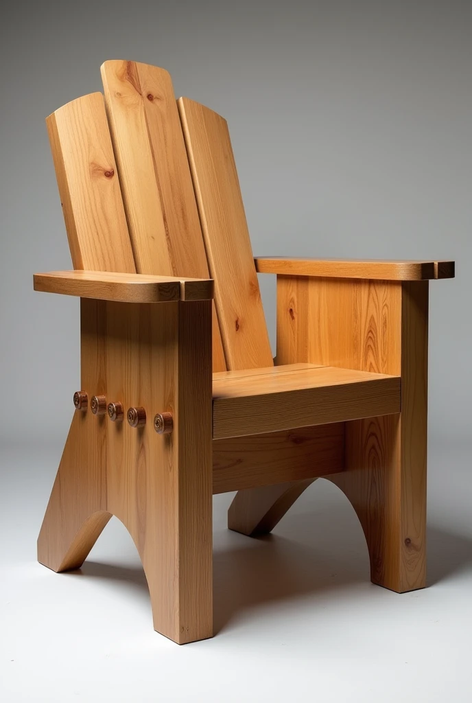 Create a chair made of brown pine wood, that is comfortable, that the rear legs have more angle for more stability and comfort and the front legs are of equal angle and that the back part has support, that has arm support and can support weight and is made with assemblies
