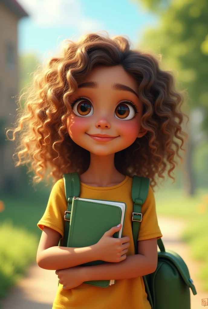 Create one of approximately 10 years, She must have curly hair with golden highlights, your skin should be brown and your eyes brown, who is of average height and has a cute appearance with a green bag and a notebook in hand