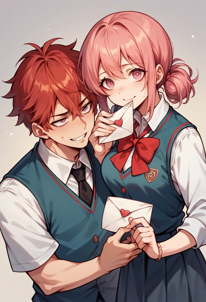 Yandere anime girl with red hair and pink eyes in a school uniform leaving a love letter in an attractive anime boy&#39;s locker 