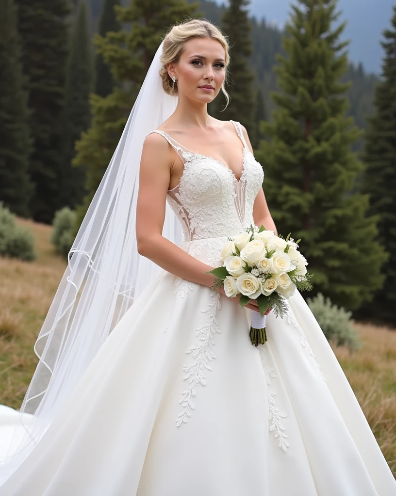 bride in white wedding dress with veil and bouquet in the mountains, white gown, look at all this detail, dramatic details, wearing a wedding dress, katey truhn, perfect detail, look at this detail!, Details galore, look at all this detail!, with mountains as background, Jenna Barton, look at the details, jaw dropping beauty, with mountains in the background