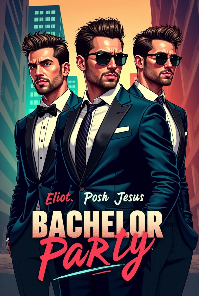 bachelor party logo, with three cool men and their names eliot, posh jesus