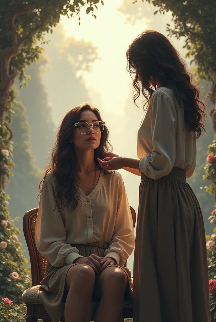 Make an image where a woman is sitting in a chair facing the created world, She has wavy hair and wears glasses and her friend is standing and arranging the hair of the one sitting down.