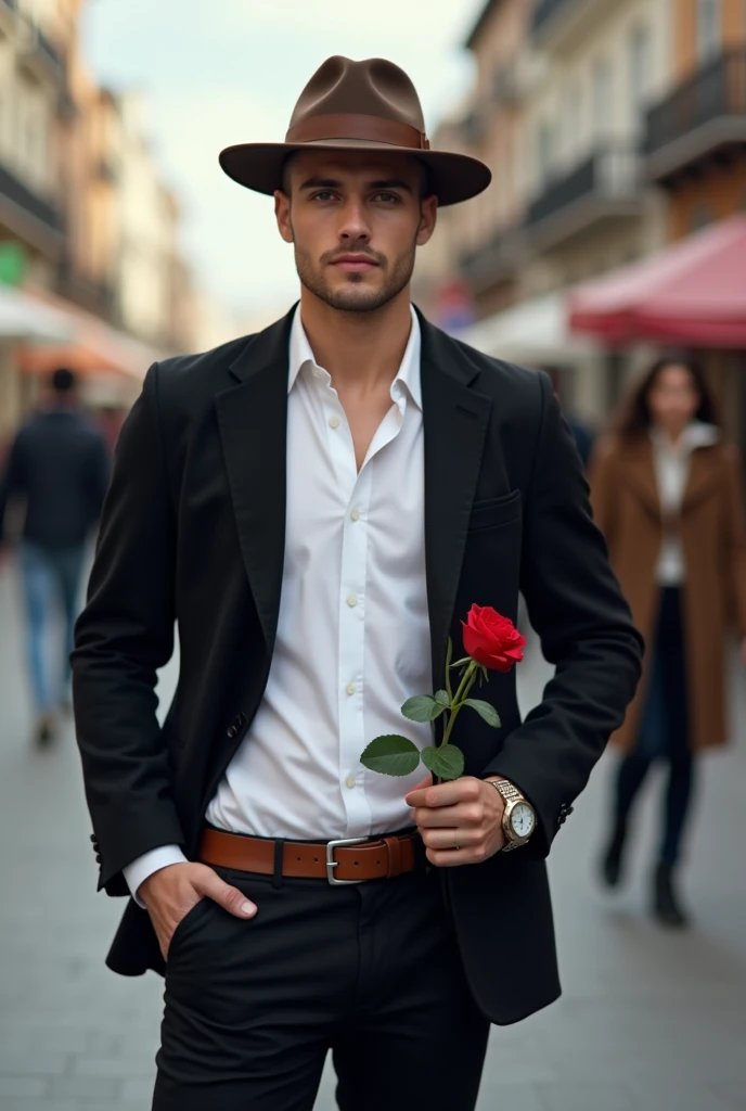 photography of a 25yo, man perfect masterpiece face, black jacket and white shirt, brown simple hat ,brown belt, white watch, black pent, stylish white shoes, rose on hand, background road in people cool day below sky and