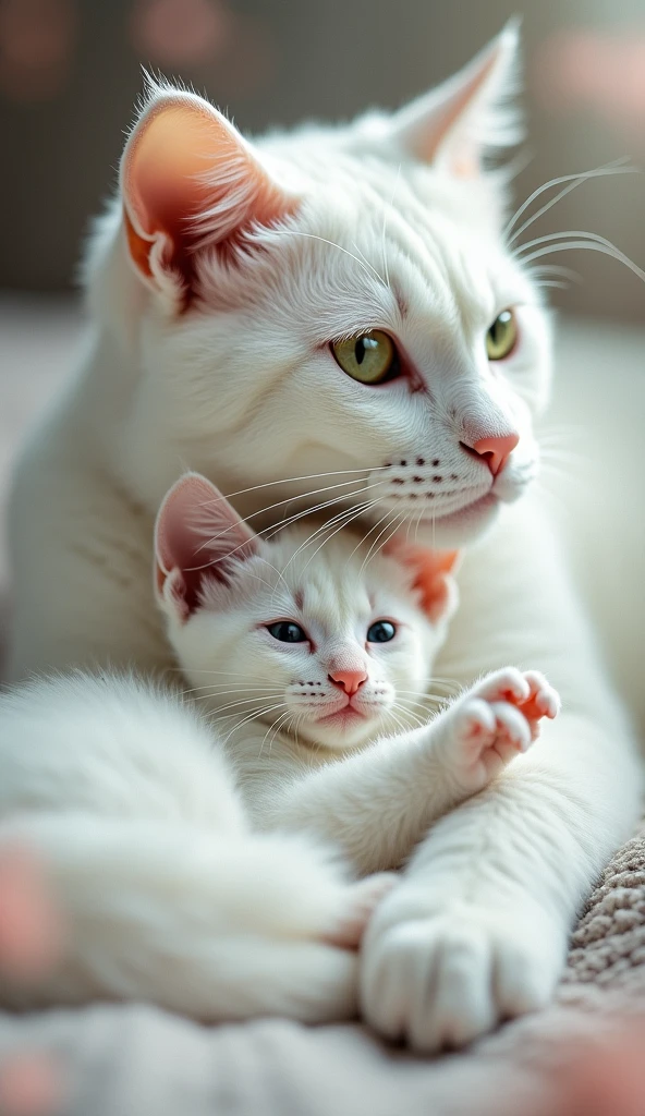 A stunning high-quality photo of a majestic white cat gently cuddling a kitten. The adult cat looks down at the little kitten with piercing green eyes that exudes a magical aura. The tender bond between them radiates warmth and love. The background features a dreamy, blurred bokeh effect with pastel tones that creates an otherworldly atmosphere. The intimate moment between the two cats captures the essence of life's simple yet profound moments.