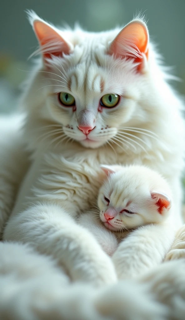 A stunning high-quality photo of a majestic white cat gently cuddling a kitten. The adult cat looks down at the little kitten with piercing green eyes that exudes a magical aura. The tender bond between them radiates warmth and love. The background features a dreamy, blurred bokeh effect with pastel tones that creates an otherworldly atmosphere. The intimate moment between the two cats captures the essence of life's simple yet profound moments.
