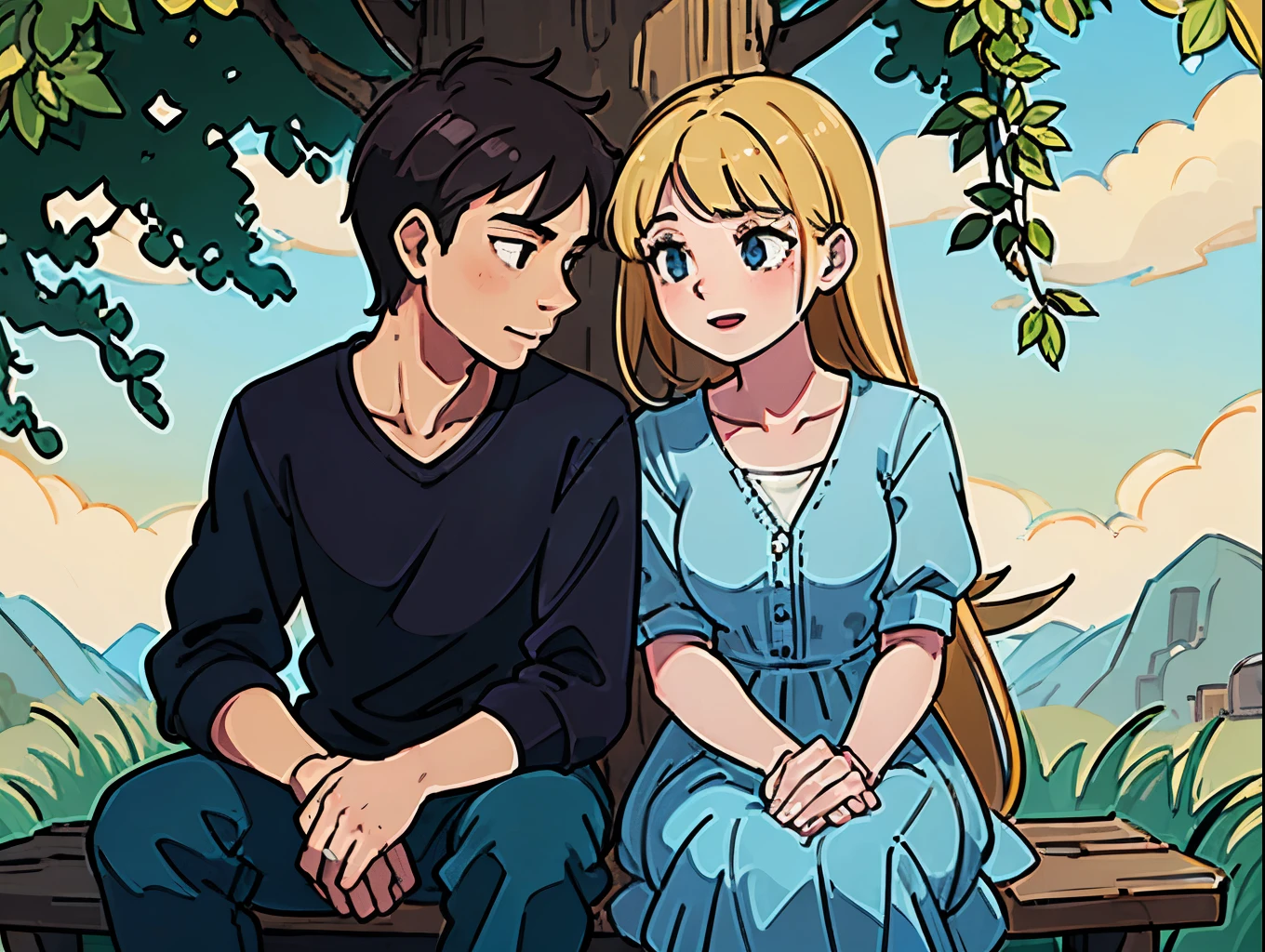 Man and woman, sitting beside a tree, romantic conversation, joy, (insanely detailed, perfect faces, upper body)