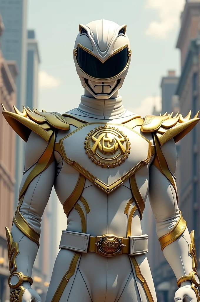 White Power Ranger with gold details with the acronym XBR on the chest