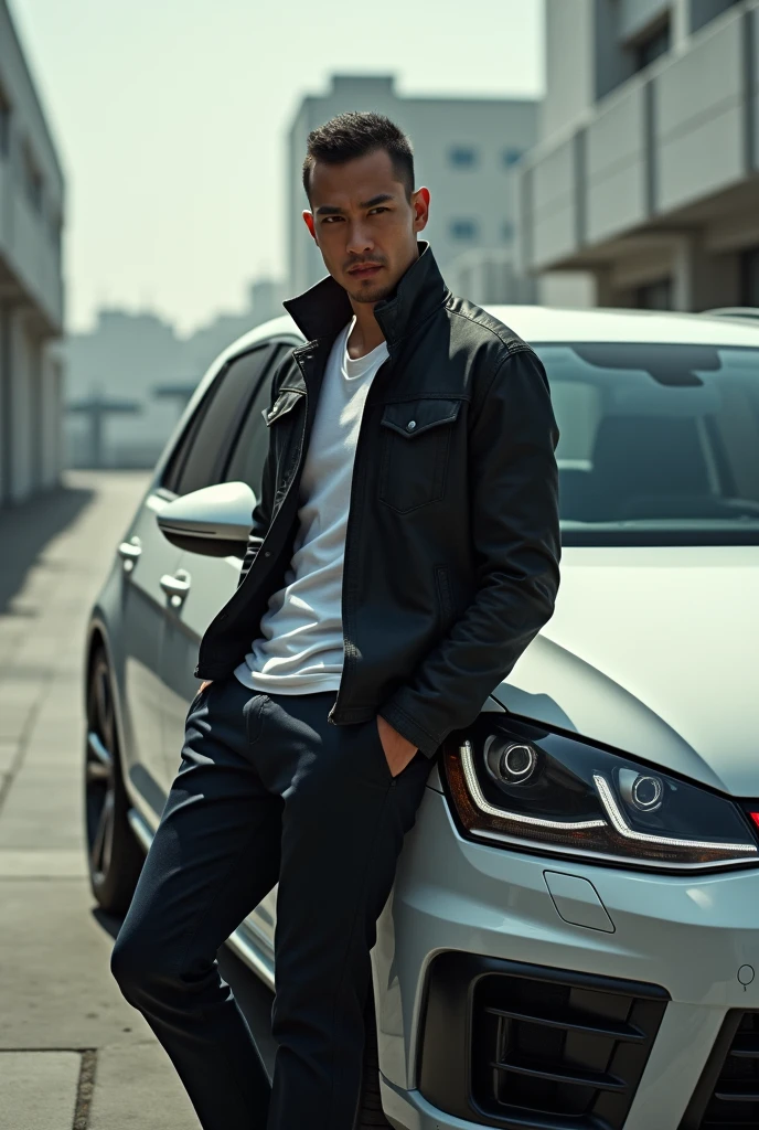 Han Lue from Fast and Furious leaning against a white 2013 Golf Sportline