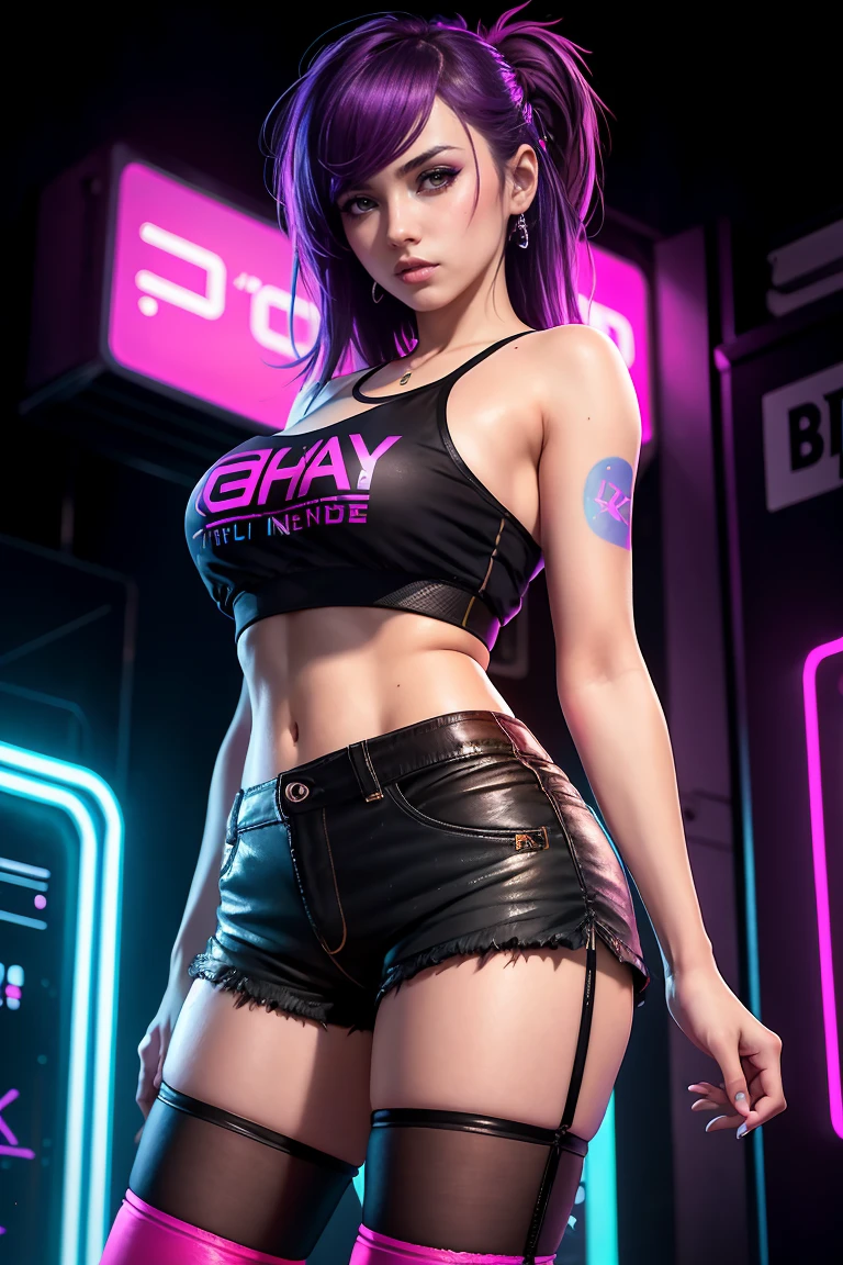 There is a woman standing with dirty clothes torn by many hours of hard labor, and disheveled hair, and frustrated face, with a rainbow light, 3D neon art of a woman's body, neon noir background, cyberpunk femme fatale, cyberpunk dark fantasy seductive, ((tight shorts:1.4)), cyberpunk strip clubs, cyberpunk 20s model girl, cyberpunk oppai, banner, cgsociety high definition, cgsociety masterpiece, trending on cgstation, kda