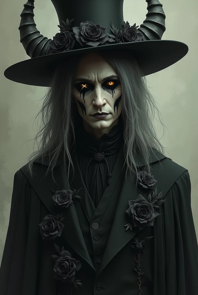 A creepy and attractive Man
Gray skin
Long gray hair
Only black brown and yellow colors
Completely black eyes with yellow pupils in the shape of an ''x''
A black flower as the left eye
Prominent hat decorated with horns and black flowers
Penetrating gaze,
Long, elegant, dark and mysterious clothing, equally long cape, flowers on both hips, decorating her clothing