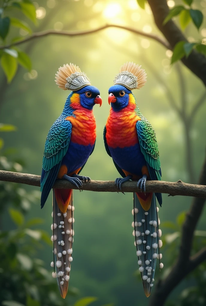 Create an 8K high-resolution image of two exotic, vibrant birds perched on a branch in a lush forest setting. The birds should have striking, multi-colored feathers with intricate patterns resembling gemstones, including shades of blue, purple, red, and green. They are wearing traditional Asian-style conical hats with elegant silver adornments. The birds' long, graceful tail feathers should feature ornate white designs with bead-like decorations. The background should be softly blurred, with natural sunlight filtering through the dense green foliage, creating a magical, serene atmosphere. Capture the details of the birds’ feathers and the hats in ultra-sharp resolution, ensuring a visually stunning and realistic appearance."