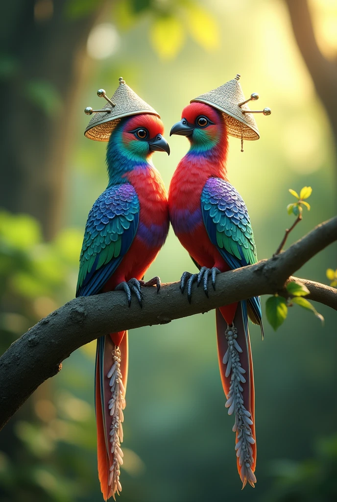 Create an 8K high-resolution image of two exotic, vibrant birds perched on a branch in a lush forest setting. The birds should have striking, multi-colored feathers with intricate patterns resembling gemstones, including shades of blue, purple, red, and green. They are wearing traditional Asian-style conical hats with elegant silver adornments. The birds' long, graceful tail feathers should feature ornate white designs with bead-like decorations. The background should be softly blurred, with natural sunlight filtering through the dense green foliage, creating a magical, serene atmosphere. Capture the details of the birds’ feathers and the hats in ultra-sharp resolution, ensuring a visually stunning and realistic appearance."