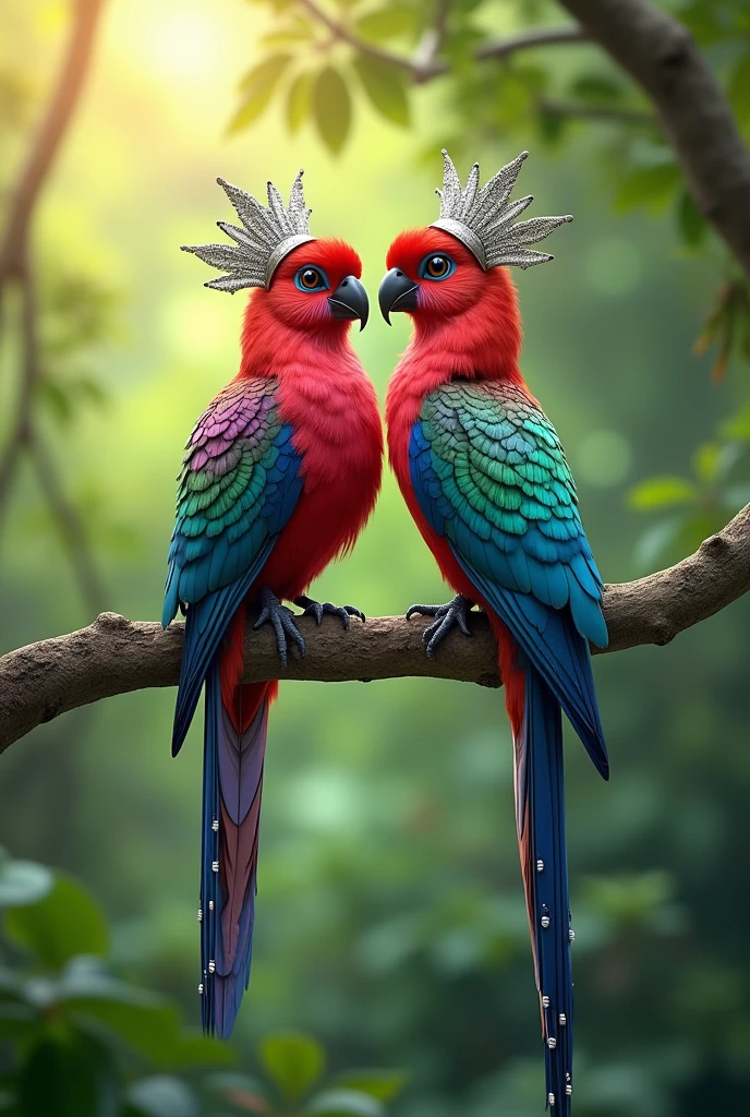 Create an 8K high-resolution image of two exotic, vibrant birds perched on a branch in a lush forest setting. The birds should have striking, multi-colored feathers with intricate patterns resembling gemstones, including shades of blue, purple, red, and green. They are wearing traditional Asian-style conical hats with elegant silver adornments. The birds' long, graceful tail feathers should feature ornate white designs with bead-like decorations. The background should be softly blurred, with natural sunlight filtering through the dense green foliage, creating a magical, serene atmosphere. Capture the details of the birds’ feathers and the hats in ultra-sharp resolution, ensuring a visually stunning and realistic appearance."